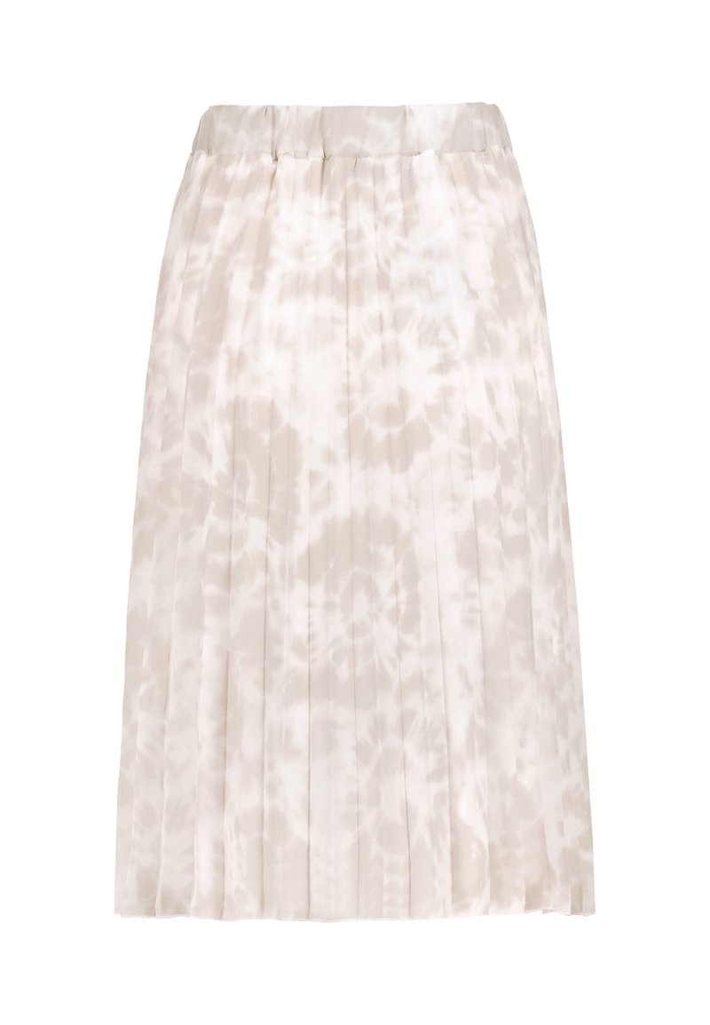 Faltenrock in hellem Beige mit Batikmuster. Weicher Stoff, Bund oben und eine gerade Silhouette mit einem fließenden Design.