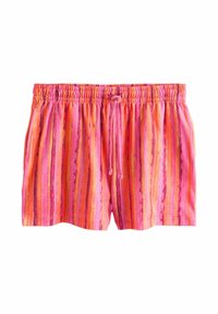 Short rayé rose vif et orange avec taille élastique et cordon à l'avant, étalé à plat sur un fond blanc.