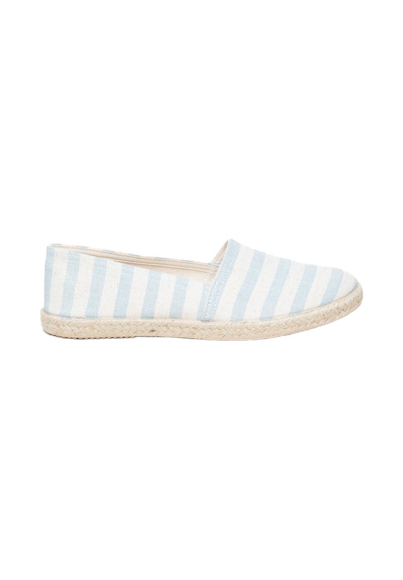 Blue and white striped espadrille shoe with a canvas upper and jute sole, featuring a slip-on design and rounded toe.