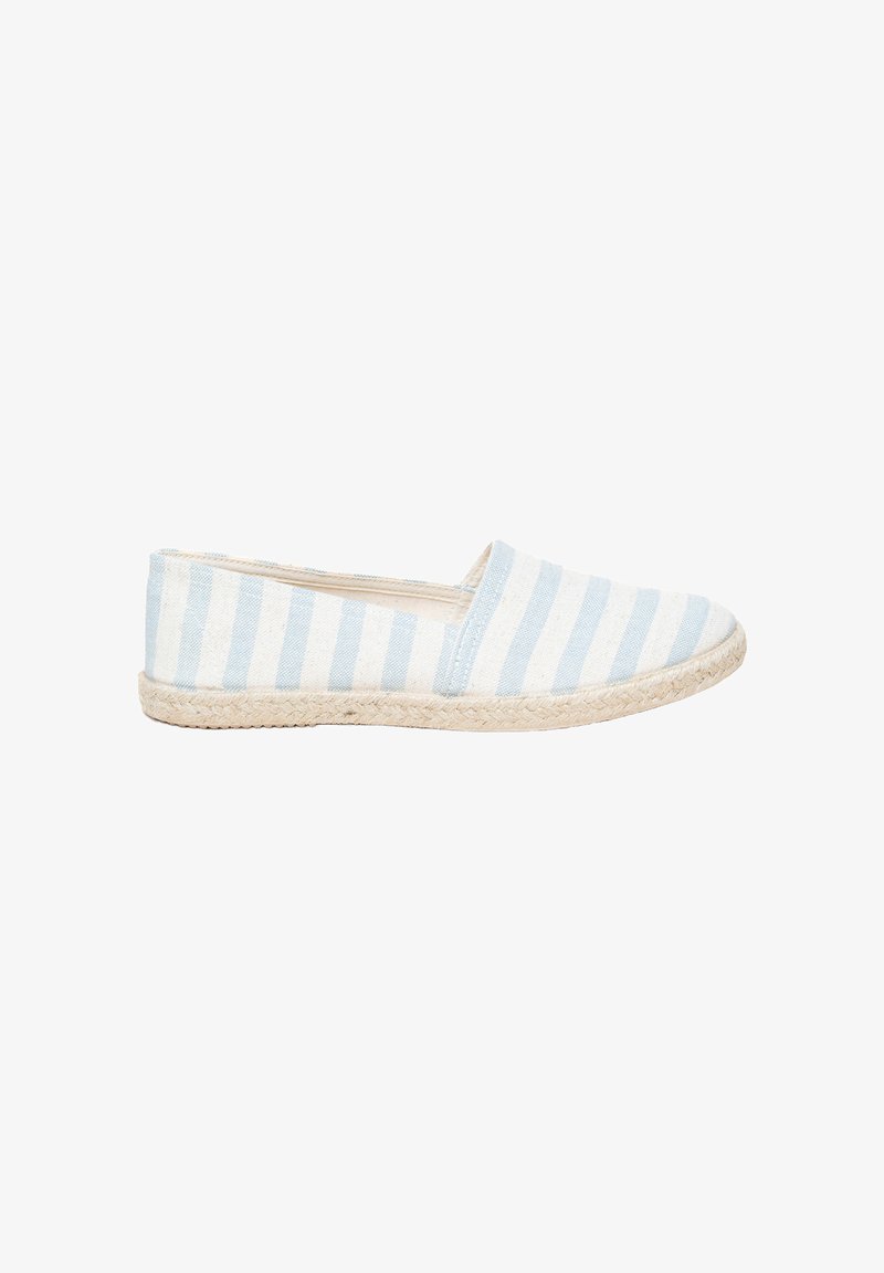 Blue and white striped espadrille shoe with a canvas upper and jute sole, featuring a slip-on design and rounded toe.