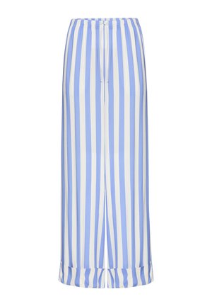 Loose-fit pants with vertical blue and white stripes, elastic waistband with white drawstring, folded hems.