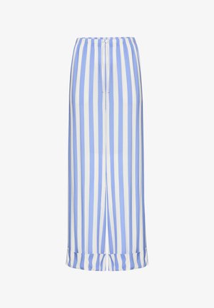 Pantalones de corte holgado con rayas verticales azules y blancas, cintura elástica con cordón blanco, bajos doblados.