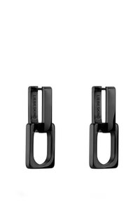 Schwarze geometrische Ohrringe mit rechteckigem oberen Teil und einem offenen ovalen Design, aus glänzendem Material mit Markengravur.