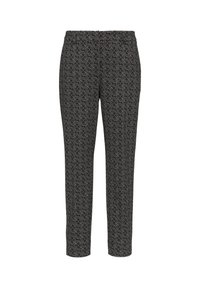 Black patterned trousers with a slim fit, featuring a repeating light gold design and an elastic waistband for comfort.