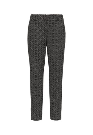 Black patterned trousers with a slim fit, featuring a repeating light gold design and an elastic waistband for comfort.
