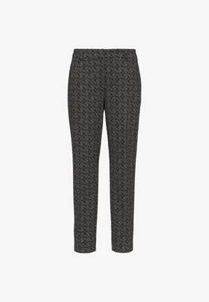 Black patterned trousers with a slim fit, featuring a repeating light gold design and an elastic waistband for comfort.