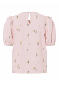 Blusa rosa con maniche a sbuffo, tessuto texturizzato, ricamo floreale in giallo e viola, apertura a chiave sul retro con chiusura a bottone.