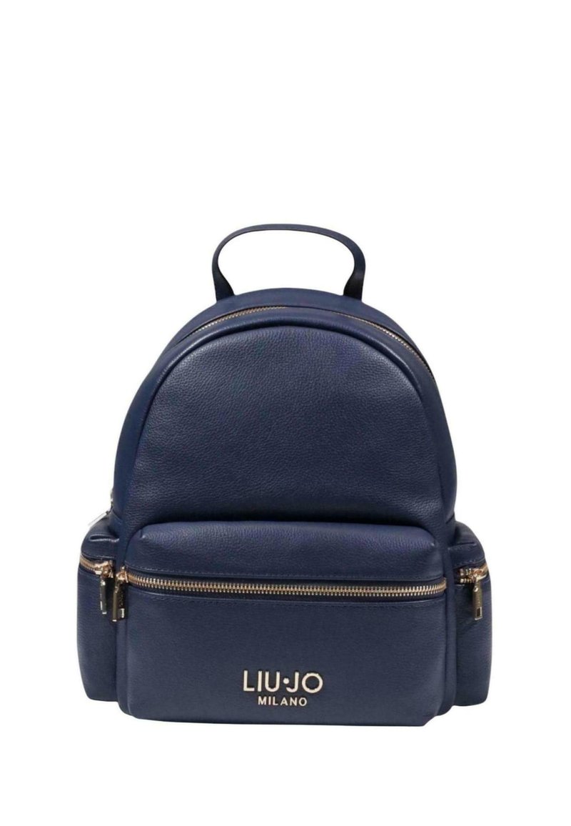 Zaino in pelle blu navy con parte superiore arrotondata, due scomparti con zip e hardware dorato. Presenta il logo del marchio sul davanti.