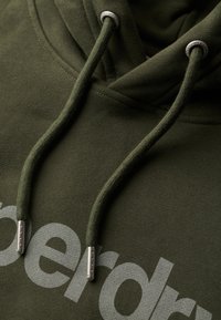 Grøn hættetrøje med et stort, lysegråt tekstlogo. Den har runde, metallisk spidse snore og et blødt, tekstureret stof.