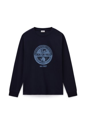 Camicia blu navy a maniche lunghe con collo rotondo e logo circolare blu con la scritta "Antarctic Research Program Napapijri GPS & ET Mapping Surveys est.1987"