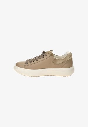 Beige leather sneaker with a smooth finish, suede accents, round toe, and textured rubber sole, featuring flat laces and a cushioned collar.