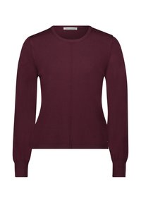 Burgunderfarbener Strickpullover mit langen Ärmeln, rundem Halsausschnitt und gerippten Bündchen. Verfügt über eine Vordernaht-Detailierung und eine taillierte Silhouette.