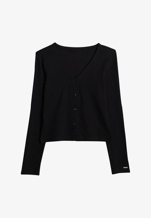 Cárdigan negro de algodón con mangas largas, diseño de cuello en V, cierre frontal de botones y detalle sutil de la marca en el dobladillo inferior.