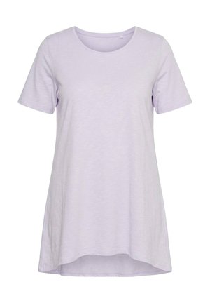 Lichtpaarse tuniek met korte mouwen, een ronde halslijn en een iets uitlopende zoom, getoond op een witte achtergrond.