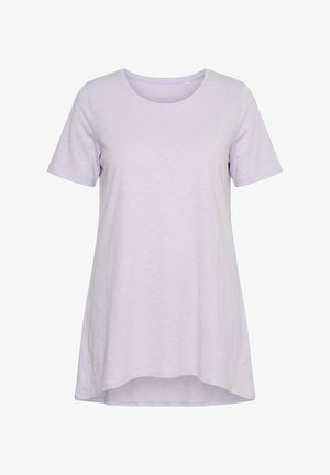 Helllila Tunika mit kurzen Ärmeln, rundem Ausschnitt und leicht ausgestelltem Saum, dargestellt auf weißem Hintergrund.