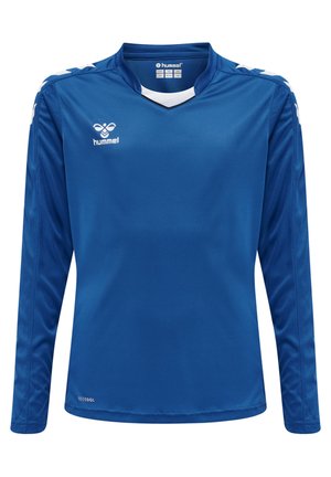 Blauwe sporttrui met lange mouwen, gemaakt van gladde, vochtafvoerende stof. Kenmerkt een V-hals en witte accenten op de schouders en het logo.