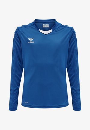 Blaues Sporttrikot mit langen Ärmeln aus glattem, feuchtigkeitsabsorbierendem Material. Verfügt über einen V-Ausschnitt und weiße Akzente an den Schultern und im Logo.
