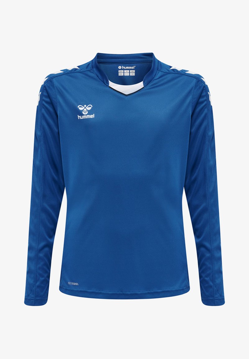 Blå langærmet sportsjersey lavet af glat, fugttransportende stof. Har en V-udskæring og hvide detaljer på skuldrene og logoet.