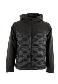 Chaqueta negra con cremallera, que presenta un frente acolchado con un patrón hexagonal, mangas lisas y capucha. Está hecha de un material suave y resistente al agua.