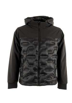 Zwarte zip-up jas met een gevoerde voorkant met een hexagonaal patroon, gladde mouwen en een capuchon. Gemaakt van zacht, waterafstotend materiaal.