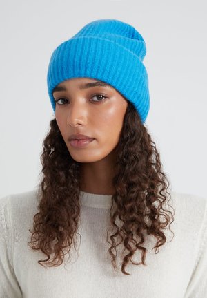 Berretto a maglia blu con una trama a coste, caratterizzato da un risvolto piegato. Indossato con un maglione a maglia di colore chiaro, che evidenzia calore e comfort.