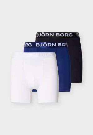 Kolme bokserpükse pakis, valge, tumesinine ja tume lahe sinine. Igaühel on lai vöökoht "BJÖRN BORG" logoga. Sile kangapind.