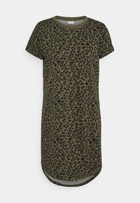 Olive green dress with a round neckline and short sleeves. Features a black leopard print, soft texture, and a rounded hem.