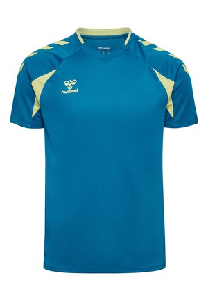 Niebieska sportowa koszulka z krótkim rękawem, z żółtymi akcentami na ramionach i logo pszczółki Hummel na lewym ramieniu.
