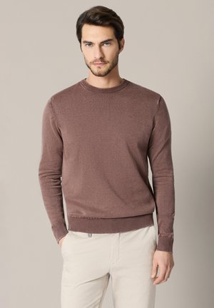 Mężczyzna z jasnym zarostem, ubrany w brązowy sweter z długim rękawem i beżowe spodnie, stojący na tle jednolitego beżowego tła.