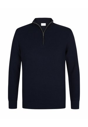 Jersey tipo pulóver azul marino con cremallera de un cuarto, puños y dobladillo acanalados, material de punto texturizado y cuello alto. Diseño simple y limpio.