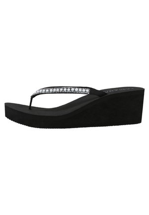 Black wedge flip-flop with a textured sole, a metallic-trimmed strap featuring clear rhinestones, and a smooth surface.