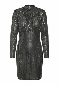 Svart paljettklänning med långa ärmar, hög hals, rynkad bodice och figurnära silhuett som reflekterar ljus med sin glänsande textur.