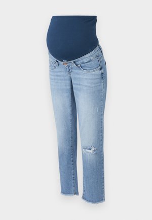 Jeans de maternitate cu un panou elastic pentru burtă de culoare albastru închis, denim albastru deschis, croială slim, detalii zgâriate la genunchi și tiv destrămat.