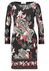 Svart knä-lång klänning med vita och röda blommiga och paisley mönster, trekvartslånga ärmar och rund halsringning.