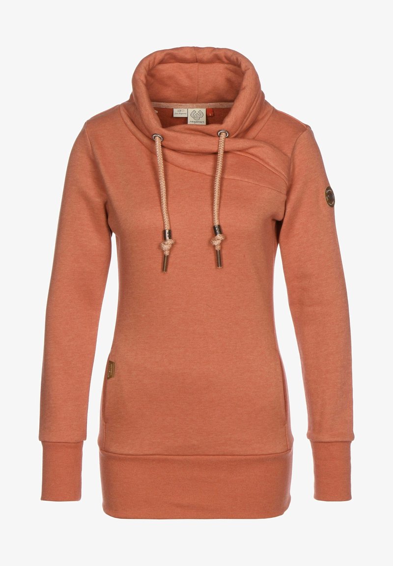 Rustfarvet langærmet pullover med høj koldhætte og beige snore, ærmer med manchetter og tætsiddende ribbet kant.