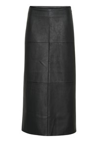 Falda midi de cuero negra con una forma A estructurada, que presenta costuras en panel y una textura suave. Incluye un detalle de cremallera lateral.