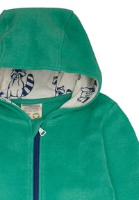 Groene fleece hoodie met een marineblauwe rits. De binnenvoering heeft een ranzijnpatroon. Zachte textuur, casual ontwerp, geen zichtbare zakken.