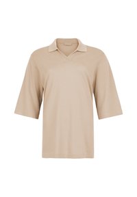 Beige katoenen polo met een V-hals, korte mouwen en een losse pasvorm. Glad textuur zonder zichtbare patronen of accenten.