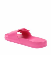Chancla de goma rosa con una correa ancha, suela plana y diseño abierto. Textura suave, ligera y sin adornos adicionales.