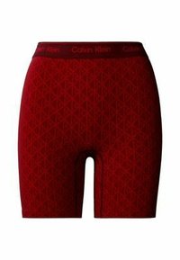 Røde strækshorts med et diamantmønster og en bred, mærket talje. Har en længde til midt på låret og en glat tekstur.