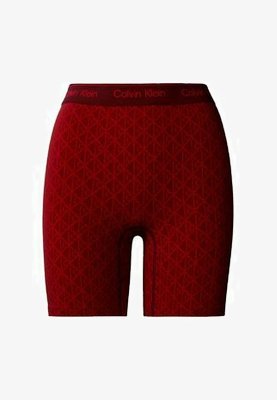 Rode stretchshorts met een diamantpatroon en een brede, gemerkte elastische tailleband. Heeft een lengte tot halverwege de dij en een gladde textuur.