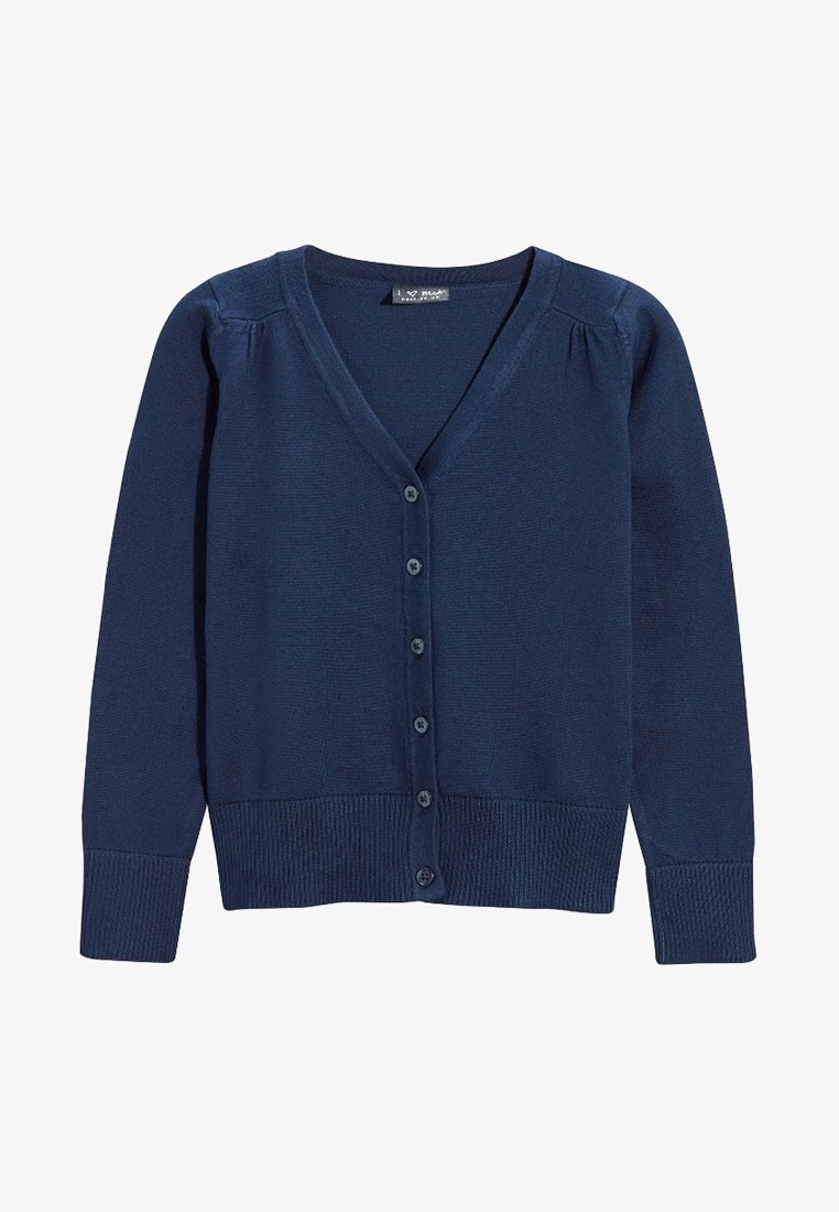 Cardigan tricoté bleu marine à manches longues, col en V, boutons sur le devant, poignets et bas côtelés.