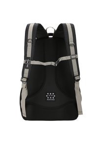 Sac à dos noir avec des bretelles grises, doté d'un panneau arrière en mesh et de matériel ajustable. Détail de logo notable centré à l'avant.