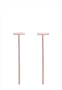 Rožių aukso spalvos auskarai su horizontalia juostele ir grandinėlės dizainu, pasižymintys lygiu paviršiumi ir minimalistine forma. Ilgis: vidutinis.