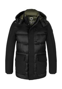 Black puffer jacket with a matte finish, hood, front pockets, and zippered chest pocket; features a soft green lining.