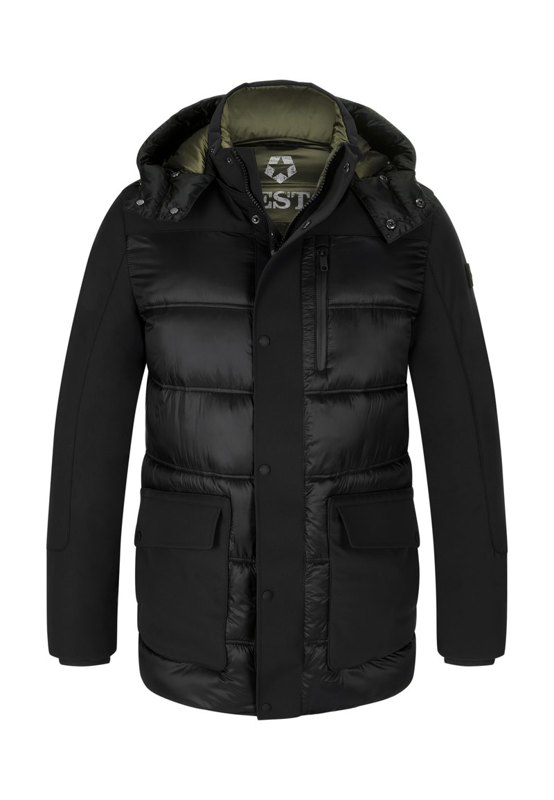 Black puffer jacket with a matte finish, hood, front pockets, and zippered chest pocket; features a soft green lining.