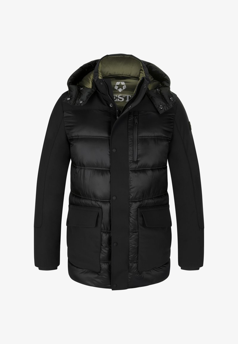Schwarze Steppjacke mit matter Oberfläche, Kapuze, Vordertaschen und Reißverschlusstasche auf der Brust; verfügt über ein weiches grünes Futter.