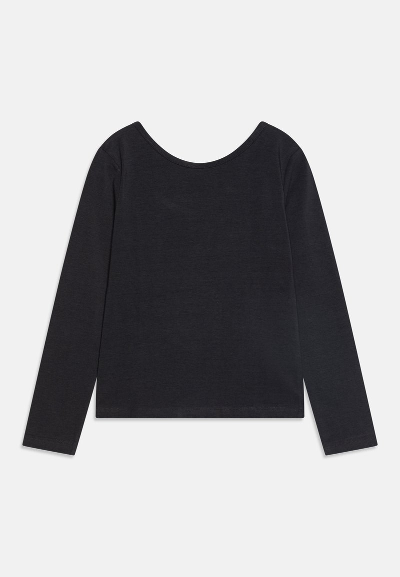 Schwarzer Langarm-Top mit rundem Ausschnitt, aus glatter Stoff gefertigt. Verfügt über eine normale Passform und genähte Säume an den Ärmeln und am Saum.