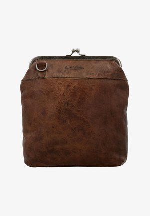 Brun slid lædermøntpung med metal lukke og lille metalring i øverste venstre hjørne.