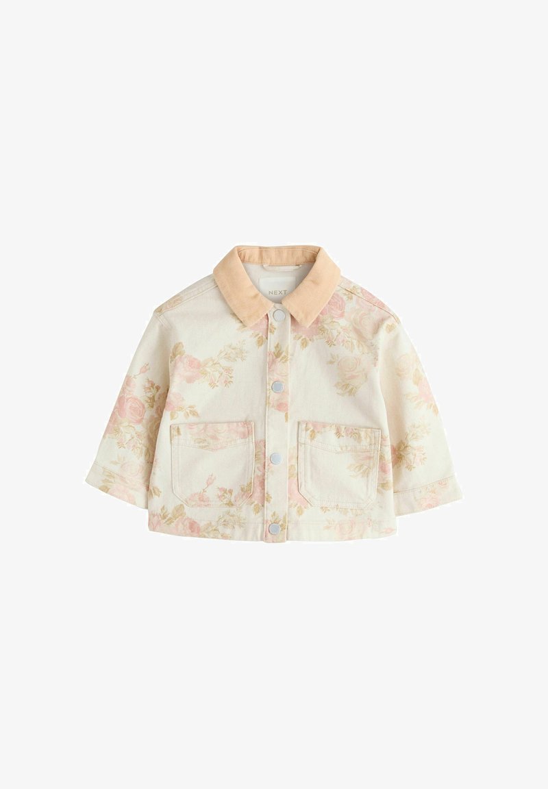 Veste courte crème avec imprimé floral rose pâle, col en velours côtelé beige, boutons-pression et deux poches plaquées à l'avant.